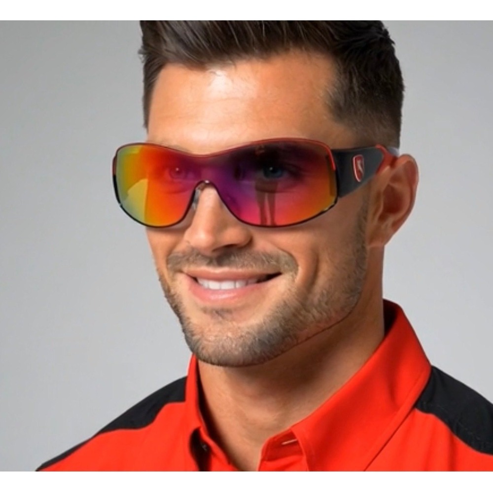 Mens Sport Wrap Sunglasses Black‎ Red Shield Red Mirror Lens Fashion Performance
